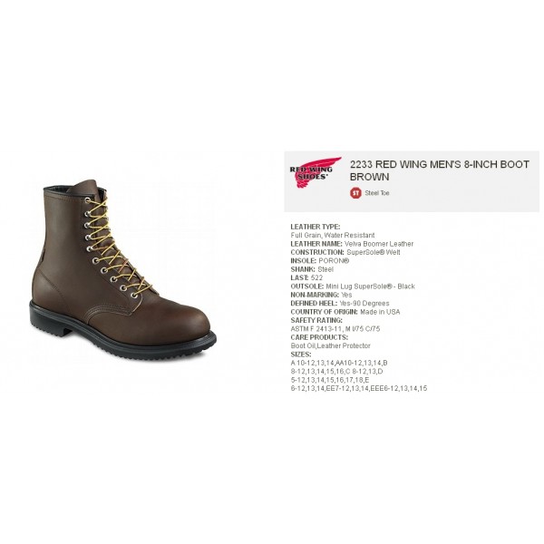 2233 RED WING MEN'S 8-INCH BOOT BROWN - Safety Equipment